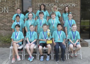  Meadow School Battle of the Books team members on the front row (from left) are Jada Barefoot, Lyda Boone, Elliot Butler, Jaleel Carranza, and Reagan Williford. On the middle row are Jared Carranza, Kaitlyn Giddens, Preston Parker, Braden Raynor, and Emma Stewart. On the back row are Anna Knowles, Adam Miller, Coach Rhonda Langston, Coach Lori Keith, and Coach Heather Sutton. ​