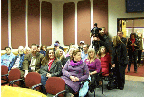 Residents from the Selma and Micro community gather in the commissioners room at the Johnston County Courthouse Wednesday night. WTSB Photo