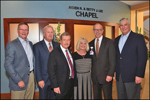 Attending the Naming Ceremony for the Chapel at Johnston Health in Clayton were (Left to right) Four Oaks Bank President and CEO David Rupp, Four Oaks Bank Chief Banking Officer Jeff Pope, Four Oaks Bank Board of Directors Chairman Ayden Lee, Betty Lee, Johnston Health President and CEO Chuck Elliott, and Johnston Health Services Corporation Board of Directors Chairman Bobby Parker.