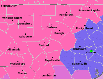 Areas in blue are under a Winter Weather Advisory. Areas in pink are under a Winter Storm Warning.