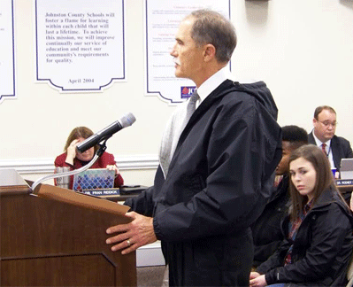 L.C. Smith of Micro addressed the Johnston County Board of Education on Tuesday and asked the school board to take a position on the proposed CSX rail terminal between Selma and Micro. Smith expressed concerns about the proximity of the site to 6 nearby schools. JoCoReport.com Photo