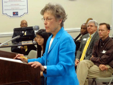 Susan Lassiter, Chairperson of Concerned Citizens for Successful Schools, addresses the Johnston County School Board in April 2014. On Thursday, the organization filed a lawsuit against Johnston County Schools and Superintendent Dr. Ed Croom for failing to release public records. JoCoReport.com Photo