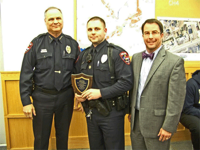 (Left to right) Smithfield Police Chief Michael Scott, 2015 Officer of the Year Richard Conerly, and Smithfield Mayor Andy Moore. JoCoReport.com Photo