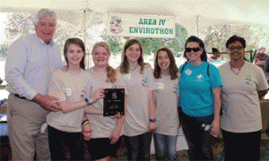 Left to right: John Finch, Nash Soil and Water Conservation District Supervisor, Kaitlyn Chandler, Alexyss Marin, Lauren Putney, Sofiana Infantino, Team Advisor Melisa Putney and Area IV Envirothon Chair Valerie Harris.