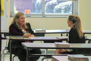 Smithfield Middle Principal Heather Anders (left) interviews Lindsey Dotzel (right) from Mountain Top, PA during Saturday’s job fair.