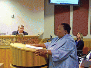 District Court Judge Addie M. Harris Rawls speaks to Johnston County Commissioners about funding for 2016-17 for the Johnston County Juvenile Crime Prevention County.  Judge Rawls is chairperson of the organization. JoCoReport.com Photo