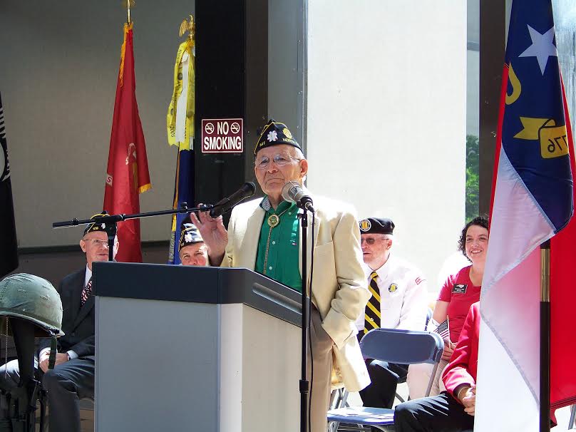 Retired Colonel Sherrill Stevens, 89, a World War II veteran and member of American Legion Post 141 in Selma was the guest speaker at the annual Memorial Day ceremony held Monday at the Johnston County Courthouse. JoCoReport.com Photo