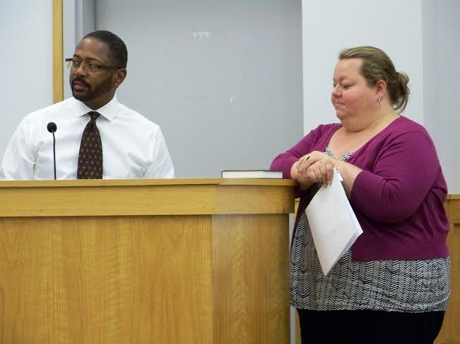 Downtown Smithfield Development Corporation Executive Director Sarah Edwards (right) and Town of Smithfield Finance Director Greg Siler answer questions about two missed loan payments totaling $30,250. JoCoReport.com Photo