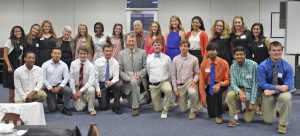Cleveland High Student Government students stand with the inaugural inductees at the Hall of Fame ceremony. On the front row (from left) are Orlanzel Washington, Fransisco Avila, Harrison Allen, Garrett Lee, inductee Former U.S. Rep. Bob Etheridge, Lawson Lamm, Hunter Lee, Abinav Katuru, Asav Gandhi, and Dylan Bradford. On the back row are Maya Palmer, Julia Adams, Walli Driggers, inductee Margaret Maron, Rachel Williams, Jasmine Stancil, Hannah Adams, inductee Bruce Coats, Kendall Lamm, Hannah Neville, Zhandra Sanchez, Rylan Souders, Michelle Cottle, Bijul Ambelal. Not pictured is inductee Shelby Stephenson.